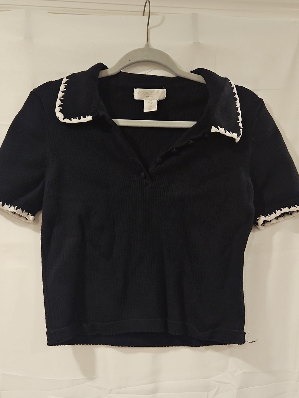 Caroline Constas Navy Short-Sleeve Polo with White Scalloped Trim